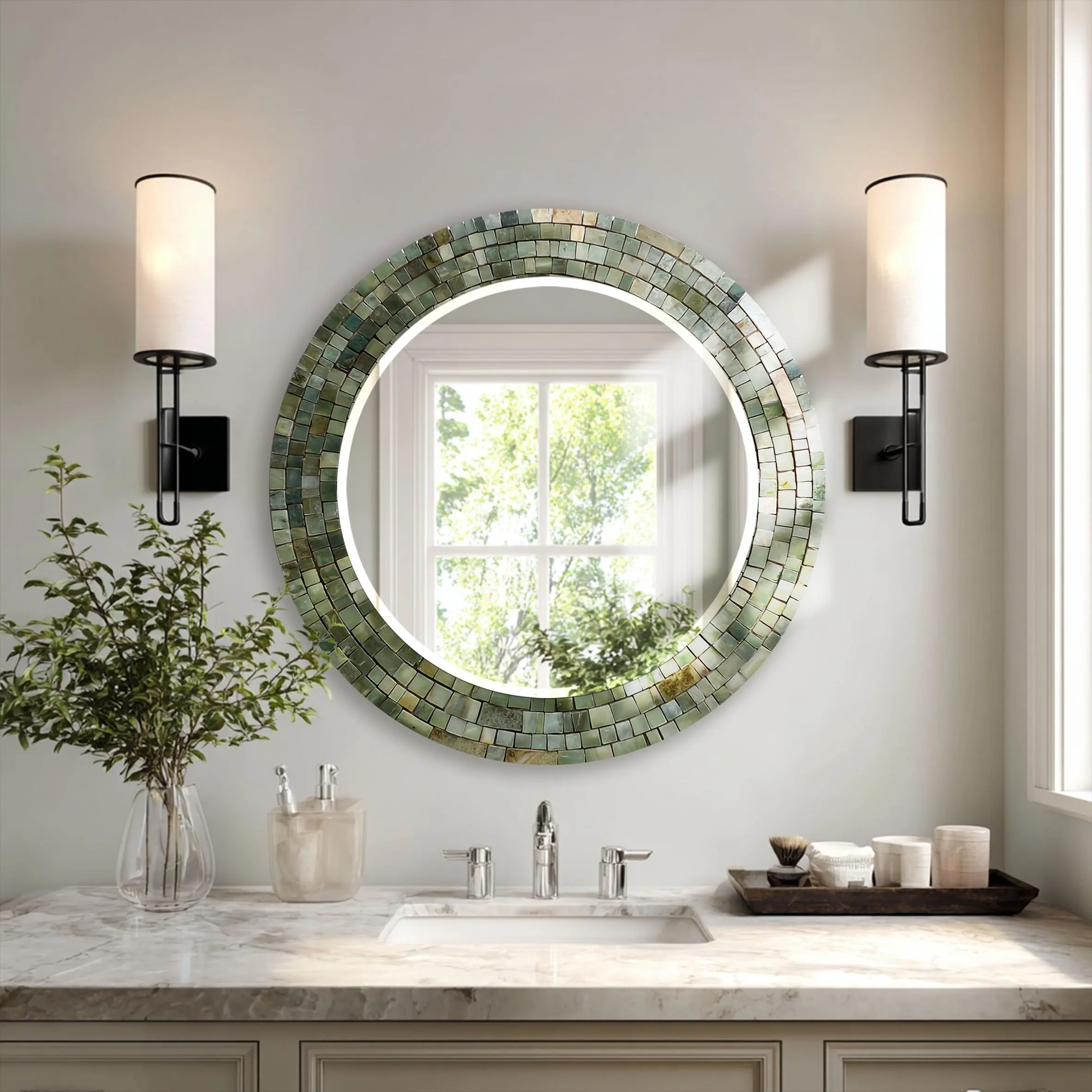 Round Glass Wall Mirror, Sage Green Mosaic Inspired Mirror, Neutral Bathroom Vanity Mirror, Luxury Wall Decor