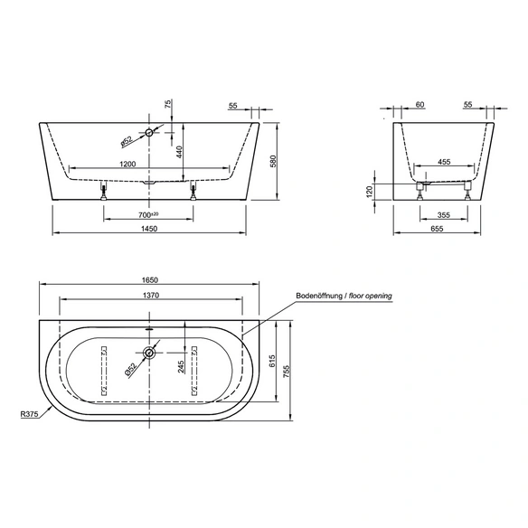 Badewanne »Modena«, BxHxL: 75 x 44 x 165 cm, oval