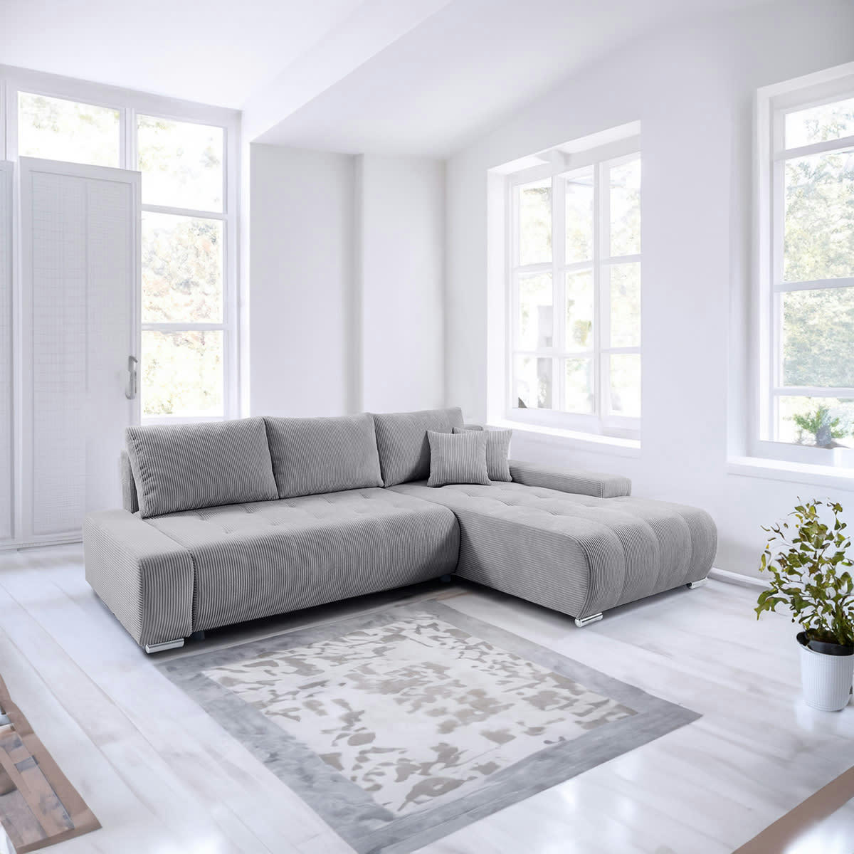 - Canapé d'angle convertible droit 4 places coffre velours côtelé gris