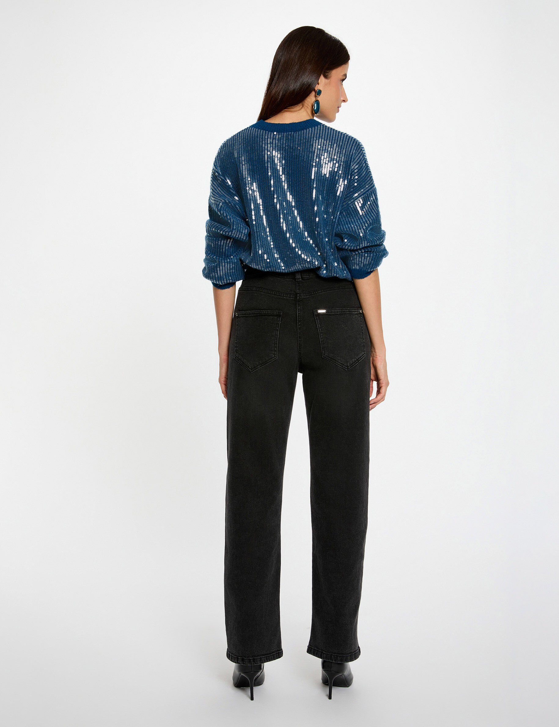 Sequin Sweater With Round Neck Petroleum Blue Women
