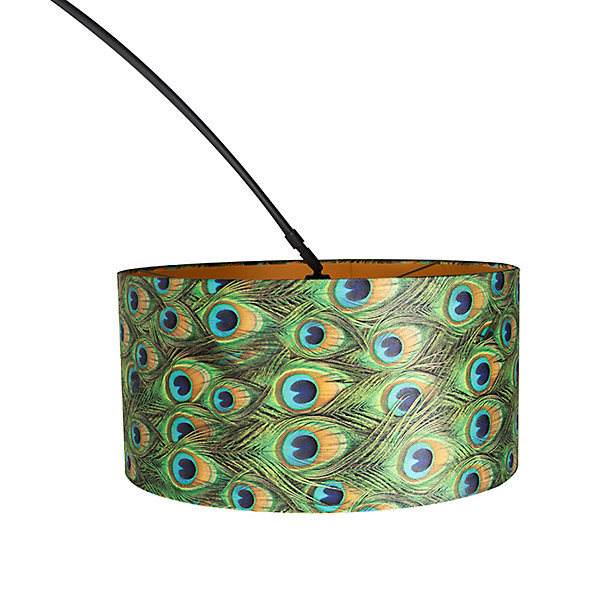 Lampe d'arc botanique abat-jour en velours noir motif paon 50 cm - XXL