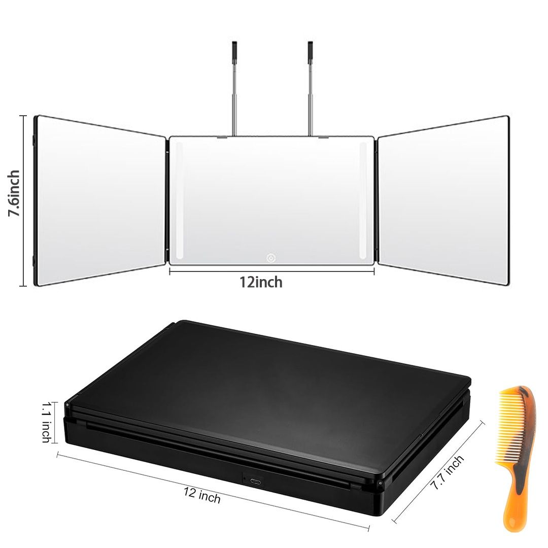 Kelvenix 3 Way Mirror Self Hair Cut Back View Adjustable Tri Fold with LED