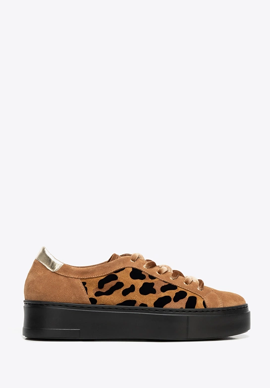 Damskie sneakersy ze skóry zamszowej w motyw panterki brązowe