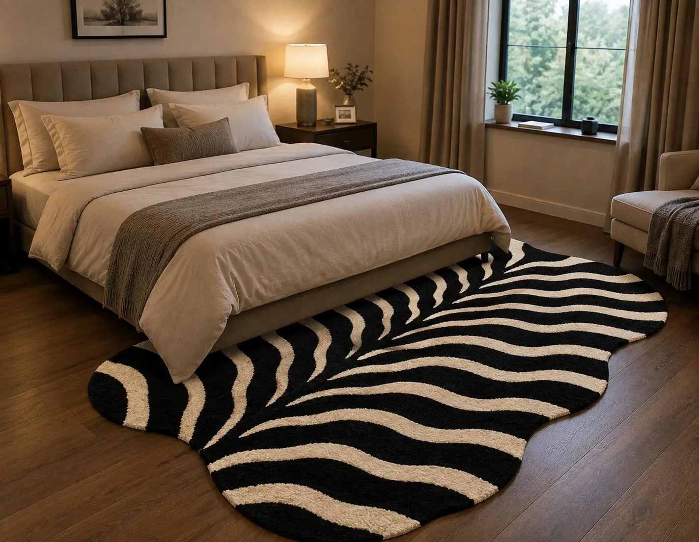 Black and Cream Zebra Print Rug, Modern Animal Print Area Rug, Abstract Wave Shape Carpet, Contemporary Living Room Rug, Handmade Home Decor
