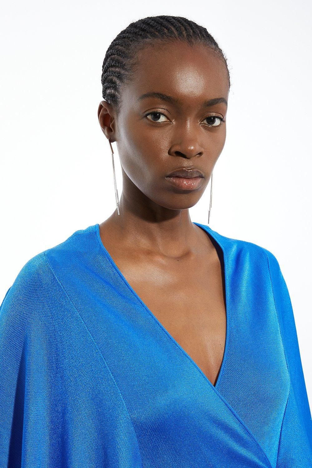 KarenMillen Viscose Blend Slinky Knit Fringed Kimono Sleeve Midi Dress