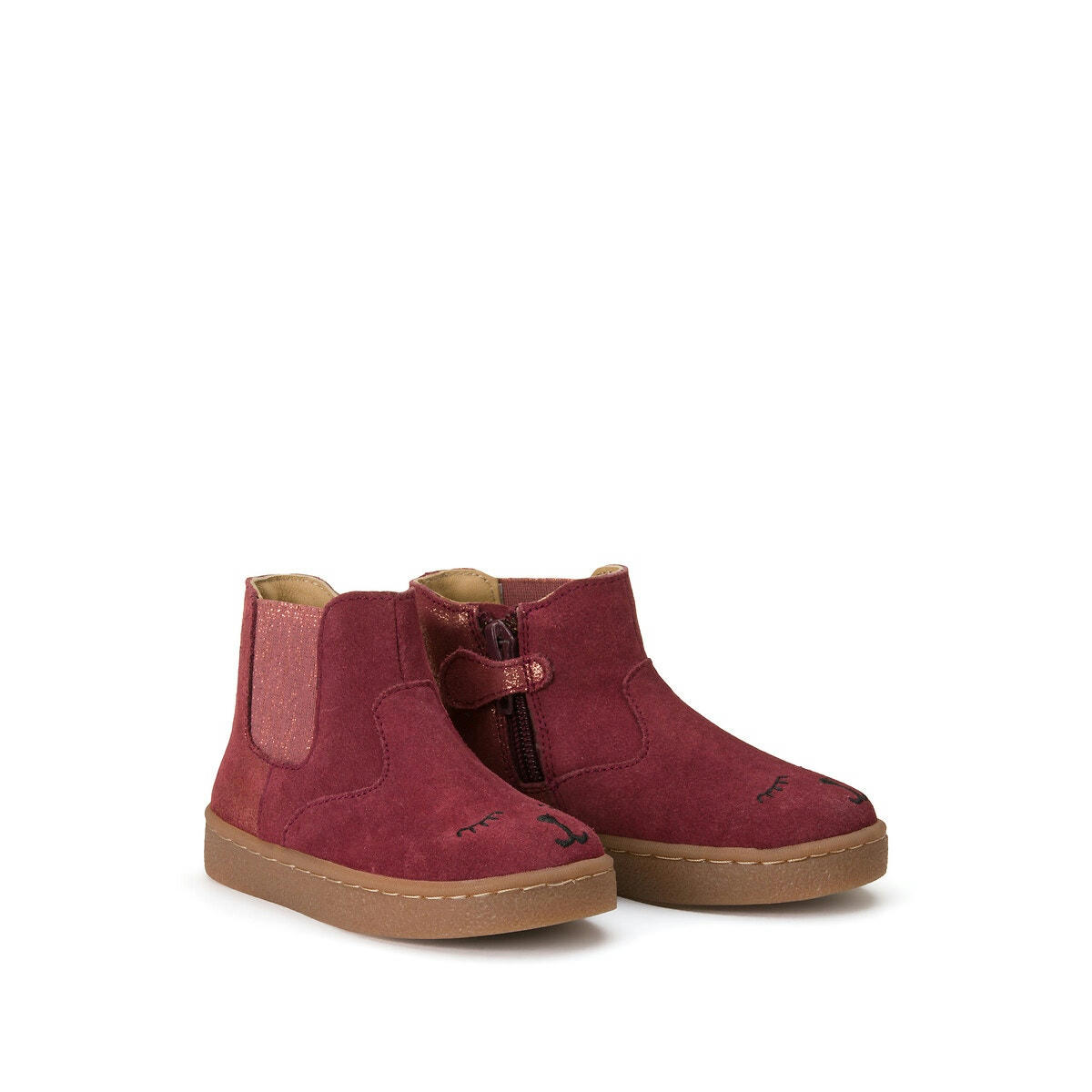 Boots cuir zippées, visage brodé sur le dessus
