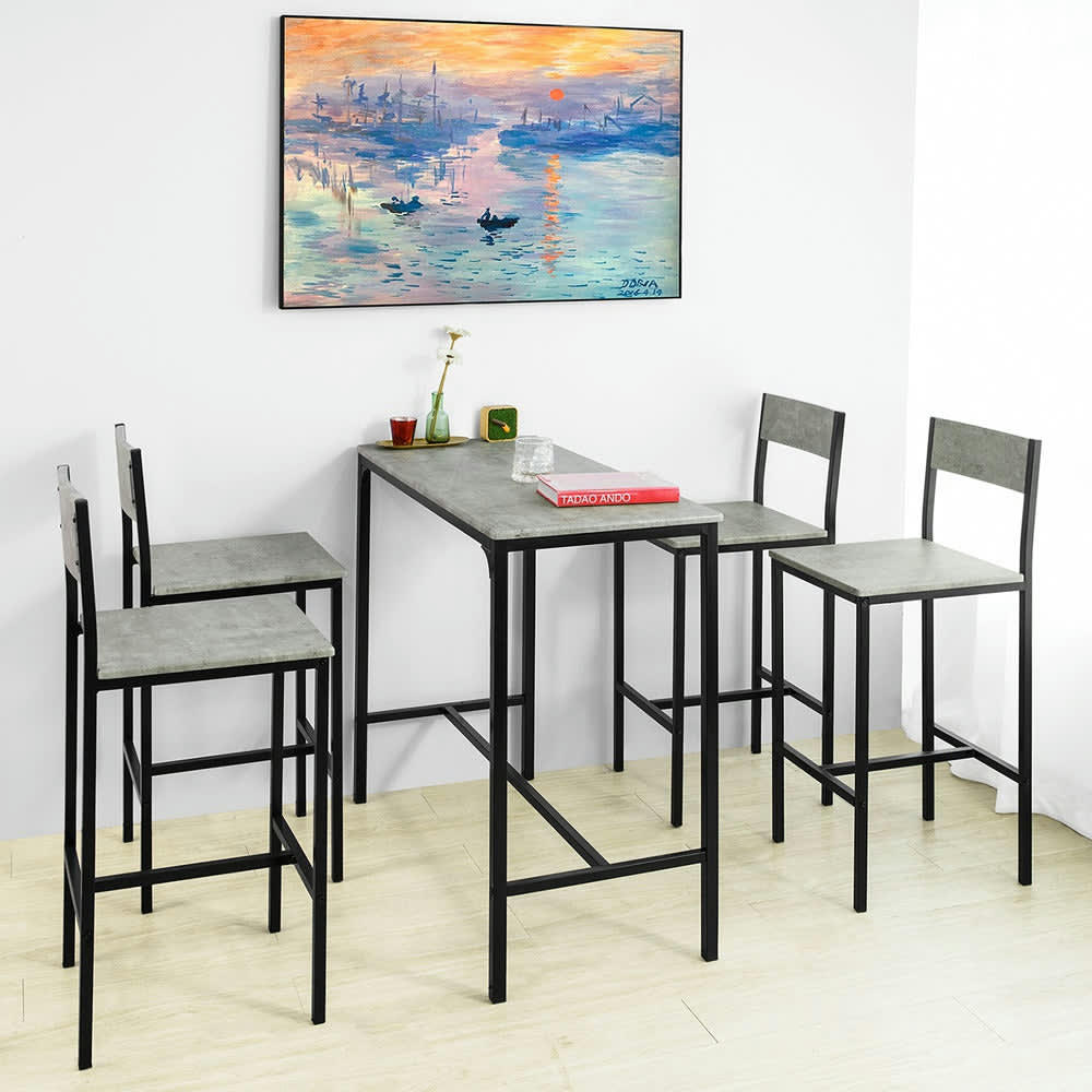 - Set de 1 table et 4 chaises de bar effet bois et métal noir