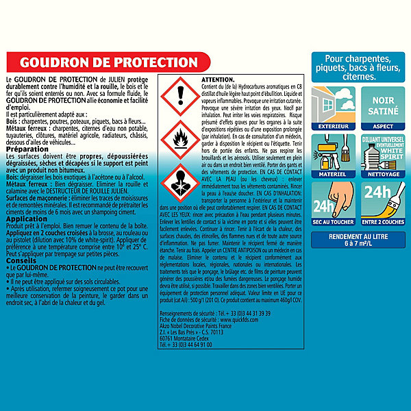 Goudron de protection extérieur pour bois et métaux ferreux Julien noir satiné 2,5L