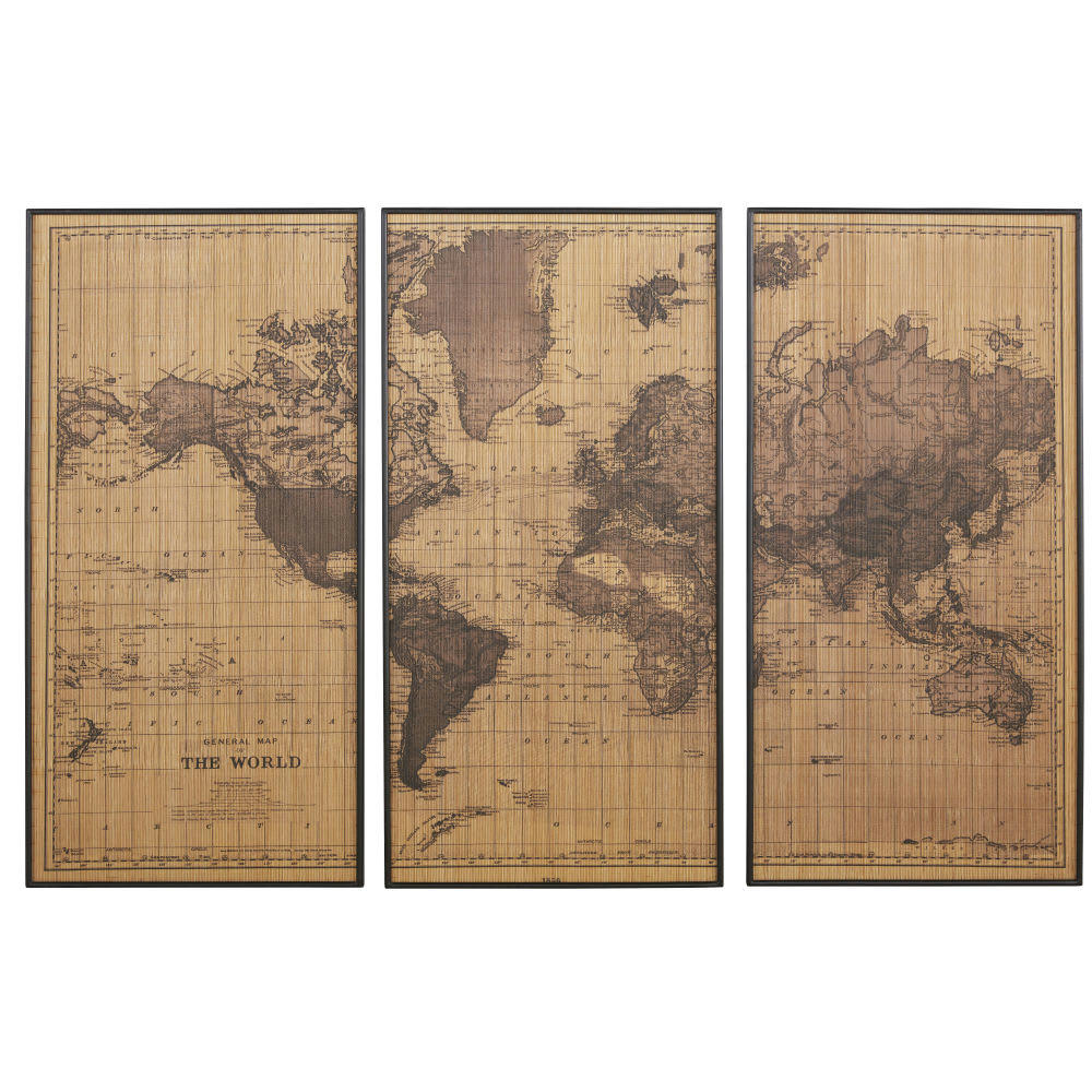 - Triptyque imprimé mappemonde marron et noir 174x120