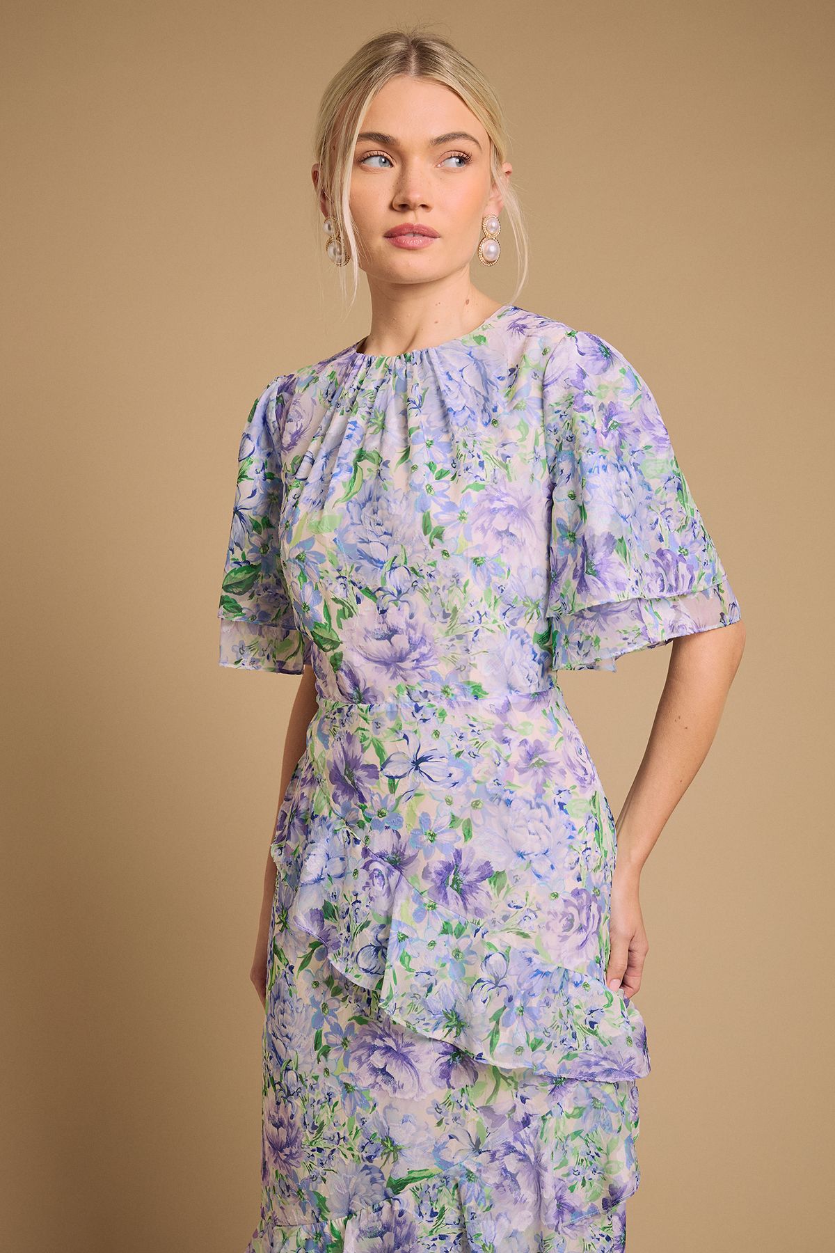 Oasis Occasion Floral Asymmetric Ruffle Jacquard Midi Dress