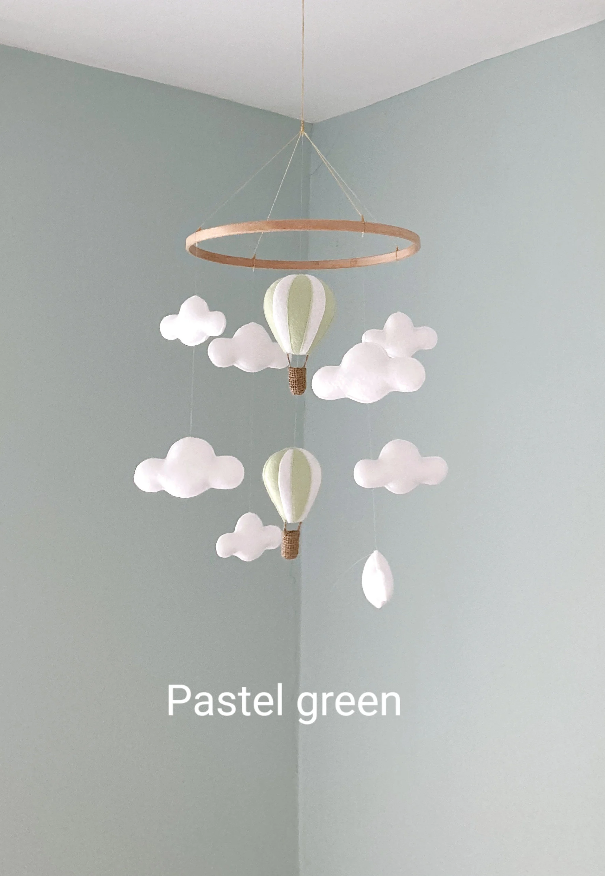 Hot Air Balloon Nursery Mobile Hanger Pastel Green White Clouds Hanging Decoration