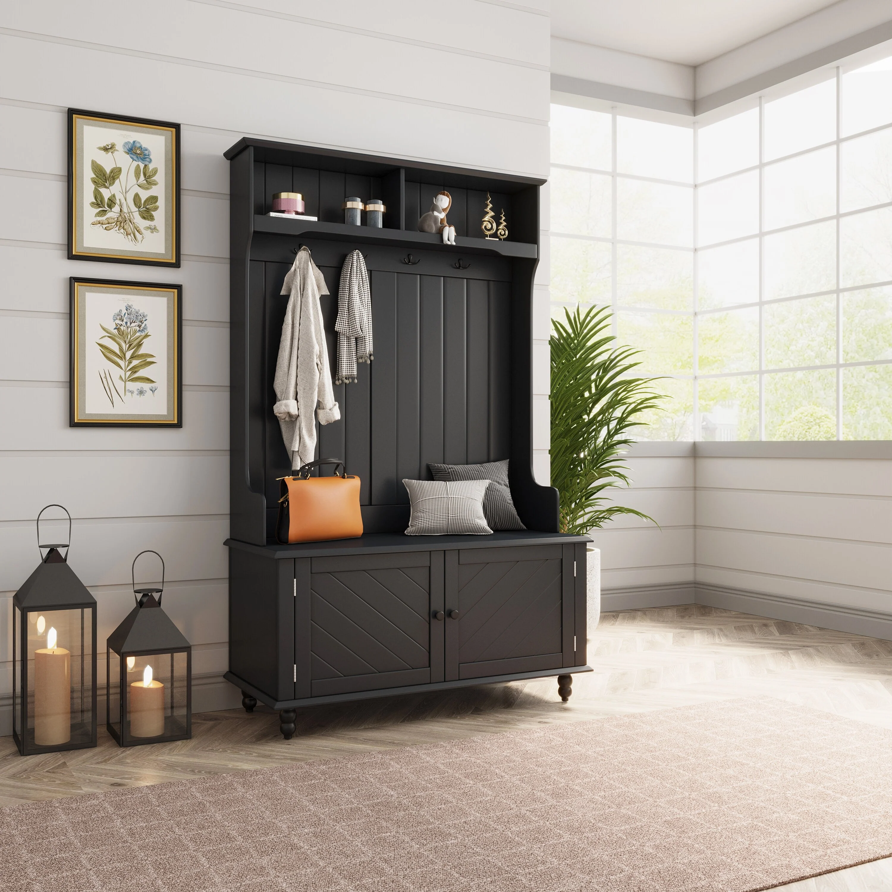 3-in-1 Design Hall Tree with 4 Hooks, Coat Hanger, Storage Bench