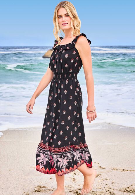 Womens Brown Border Print Frill Neck Dress