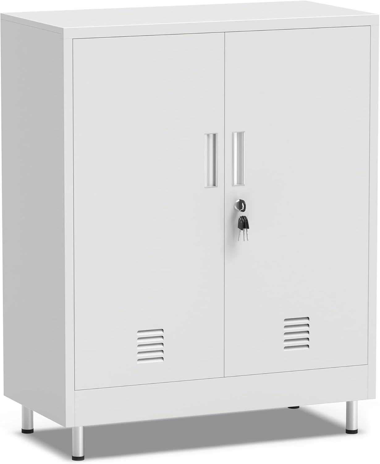 JINGUR Metal Storage Cabinet with Locking Doors and 2 Adjustable Shelves, Lockable Storage Cabinet for Home Office Garage Pantry Living Room (White)