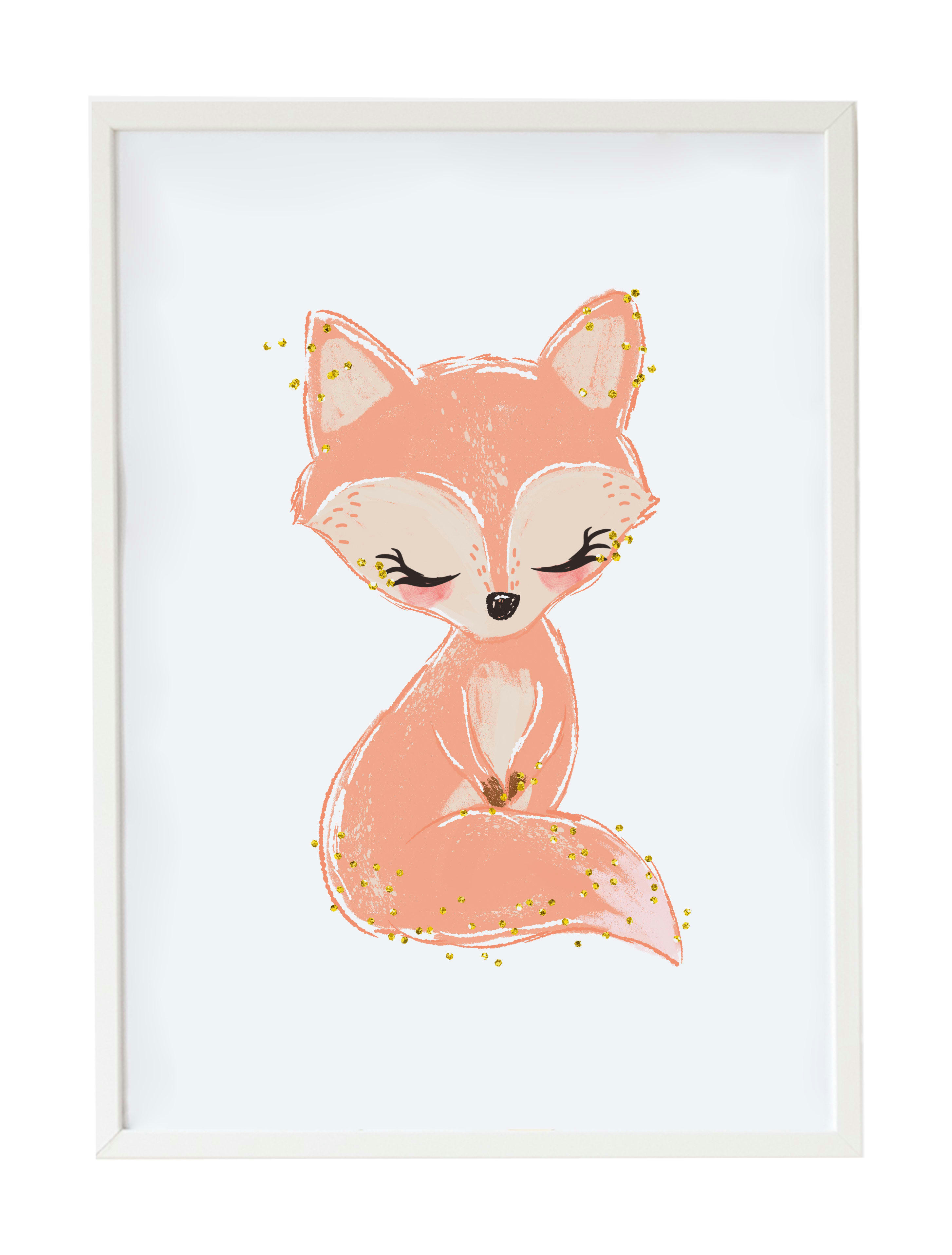 DECOWALL - Impression de renard Foxy encadrée en bois blanc 43X33 cm
