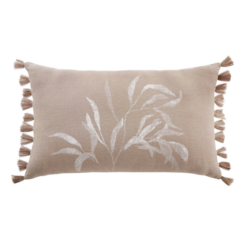 HOJA - Coussin garni beige imprimé blanc à pompons 30x50