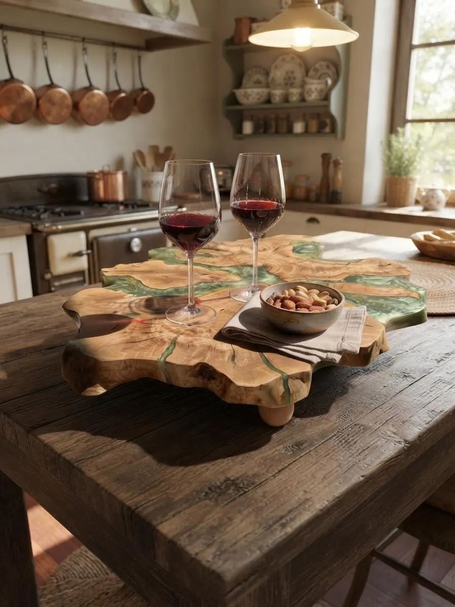 Custom Size & Color Live Edge Olive Wood Cheese Board - With Wooden Legs Large Serving and Display Board, Cloud Shape Charcuterie Tray