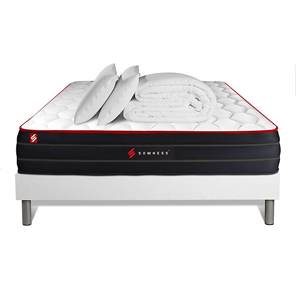 Pack sommier kit matelasRessorts ensachés et mémoire de forme avec couette et oreillers