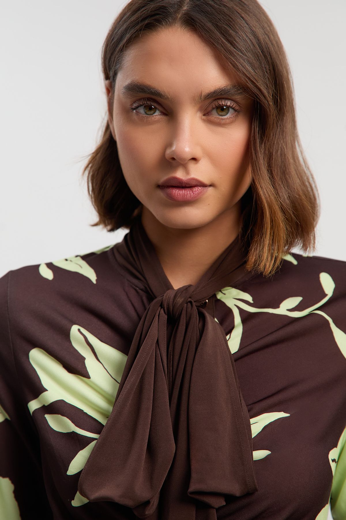KarenMillen Floral Print Crepe Tie Neck Long Sleeve Top