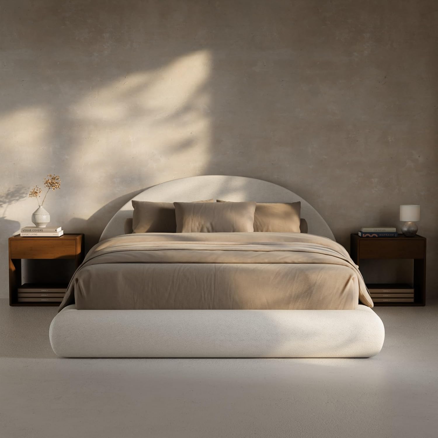 RECCI Half-Moon Upholstered Queen Platform Bed Frame, Velvet Curved Arched Base with Headboard, 5 Inch Fully Round Cushioned Foam, No Box Spring Needed, Easy Assembly | Round Shaped, Boucle, Low-profile, Soft