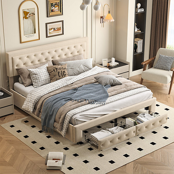Lit double 160 x 200 cm avec coffre et tiroirs,velours,sommier à lattes,lit hydraulique, beige