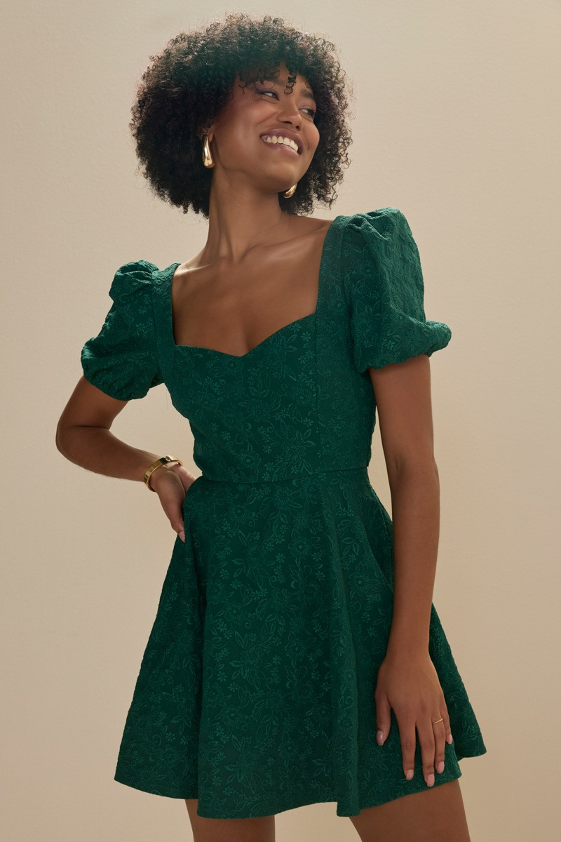 Melanie Jacquard Fit And Flare Bow Back Green Mini Dress