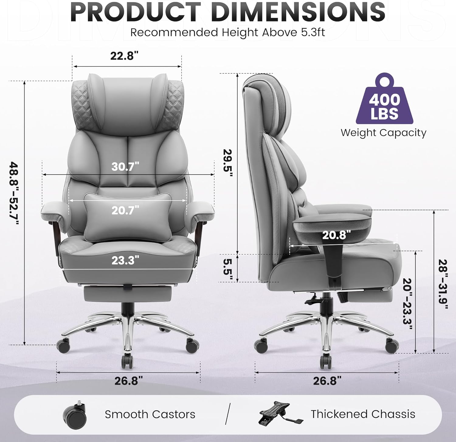 BestGlory Office Desk Chair, Big and Tall Leather Gaming Chair with Footrest, Wide Ergonomic Comfy Executive High-Back Reclining Computer Chairs, Swivel Rolling Wheels and Padded Lumbar Support, Gray