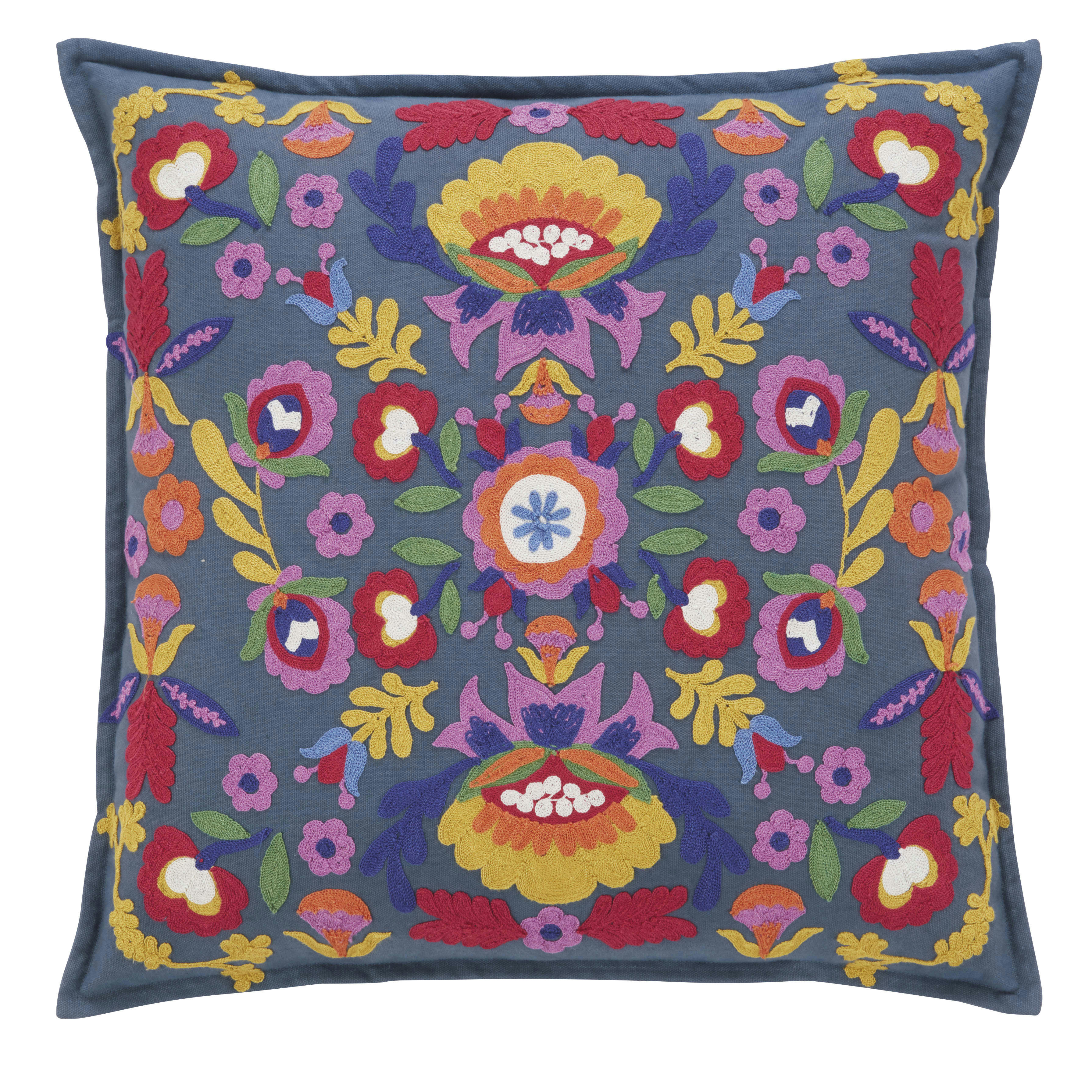 UDUPI - Coussin brodé en coton recyclé multicolore à pompons 50x50