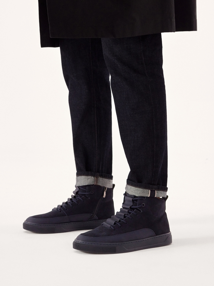 Navy blue men's sneakers with zipper and lacing