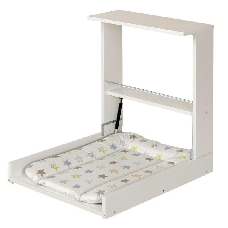 WICKI - Table à langer murale blanc avec matelas de change étoiles