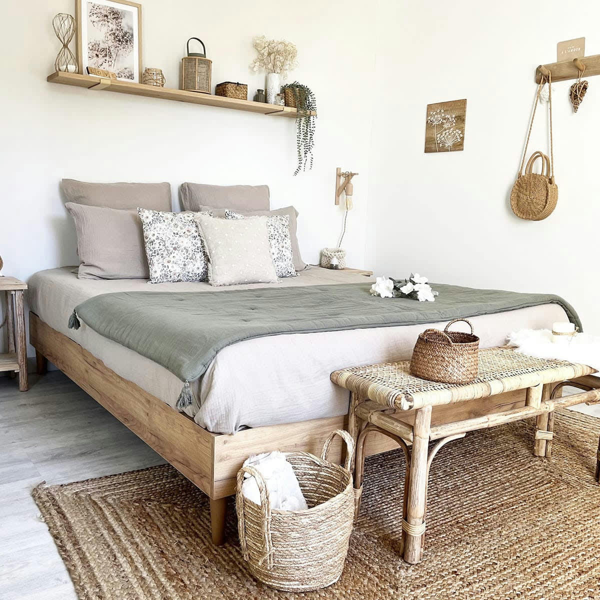 PACO - Lit adulte 160x200 cm effet chêne + sommier à lattes