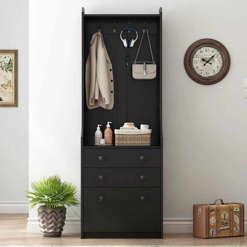 27.5W Narrow Multi-functional Hall Tree with Flip Drawer,Coat Rack,4 Hanging Hooks & Drawers
