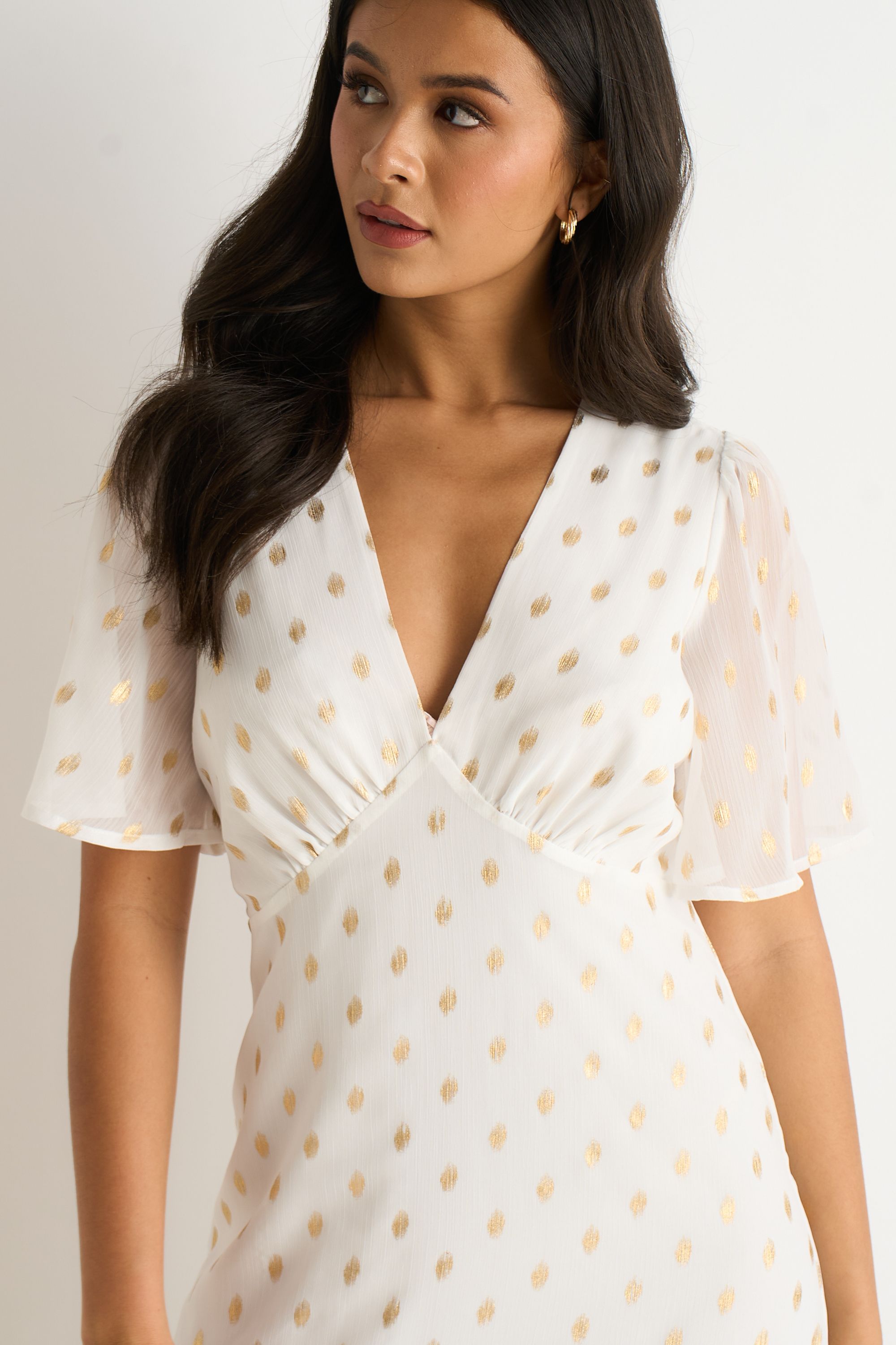 Gini London White V Neck Foil Midi Skater Dress