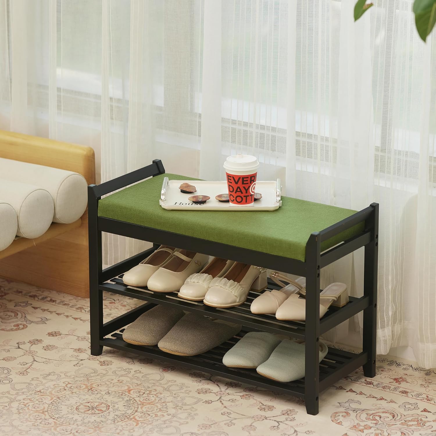 PETKABOO Shoe Rack Bench with Storage 27.6 in, Black Shoe Storage Bench with Cushion for Entryway, Hallway, Bedroom, Living Room