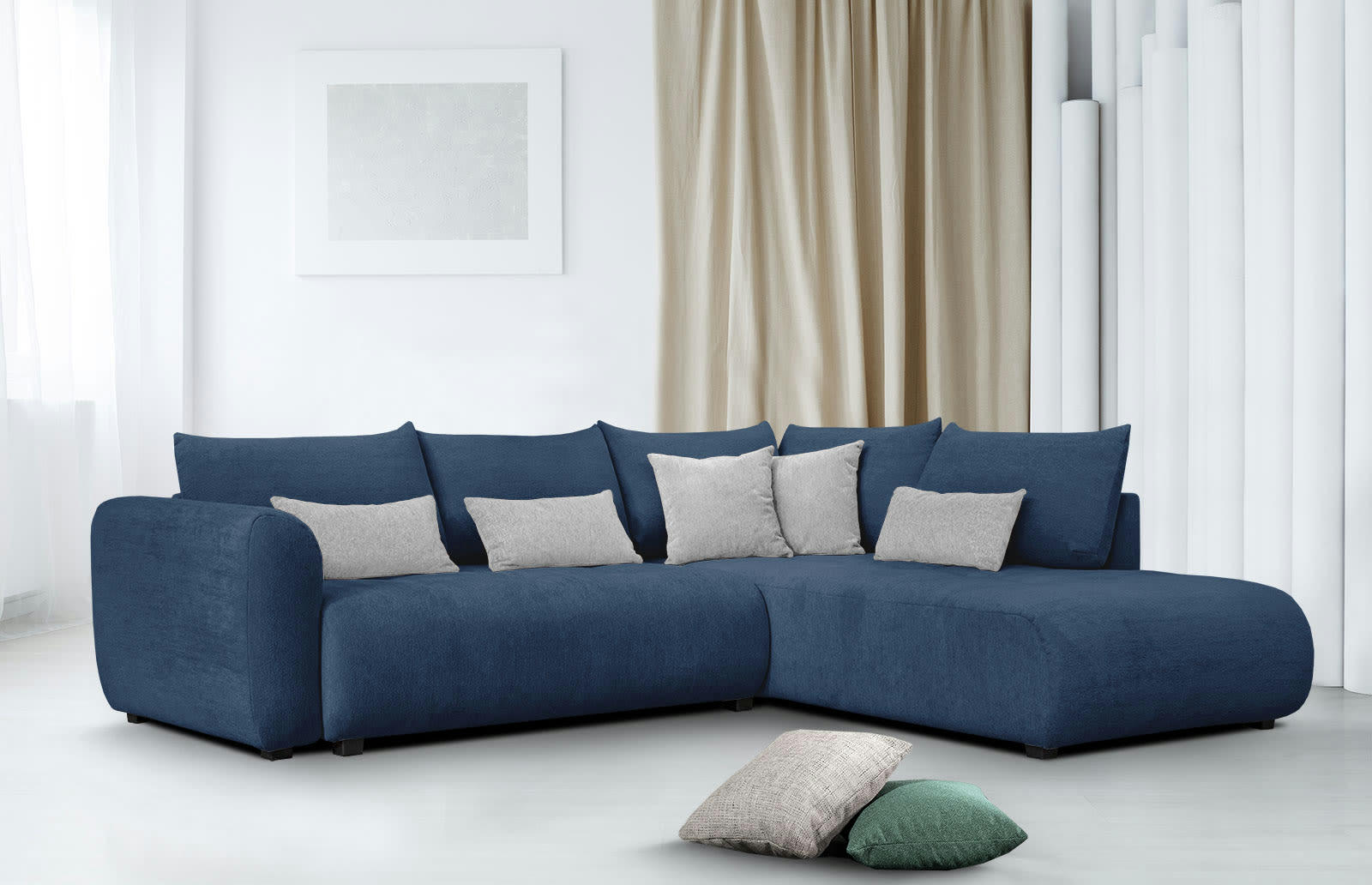 SORENO - Canapé d'angle droit 5 places bleu avec le couchage