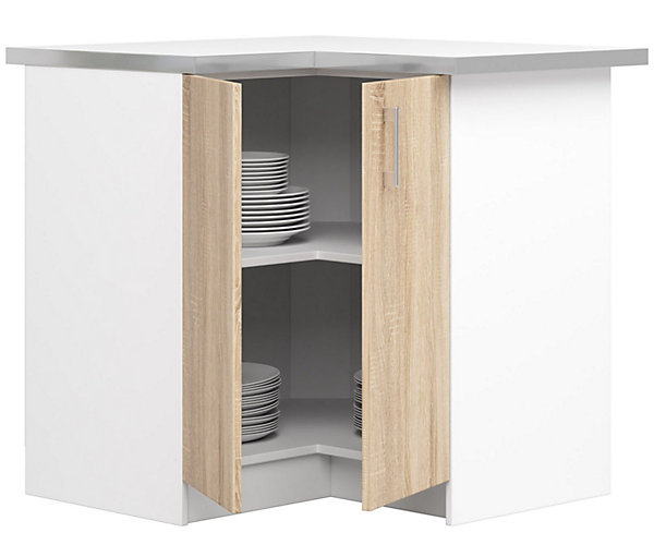 Meuble de cuisine bas AKORD S90 d'angle LIMA modul. Blanc 84 cm 2 portes façade Chêne Sonoma 2 étagères 84x44,5x85,5 cm
