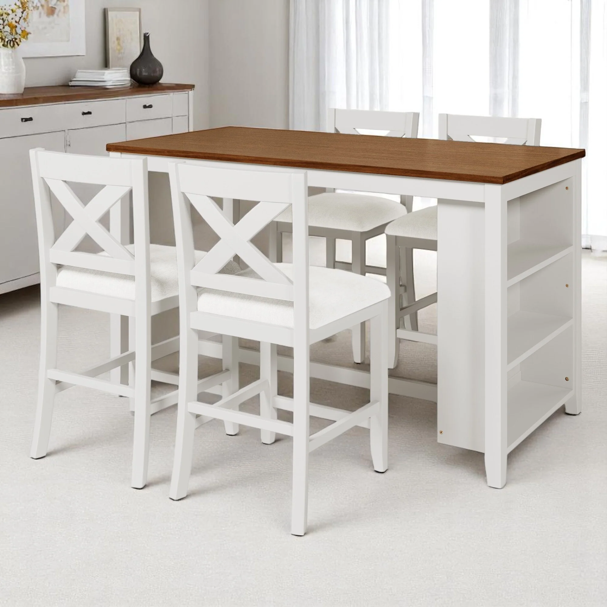 5-Piece Counter Height Dining Table Set with 4 Upholstered Chairs, Wood Kitchen Table with 3-Tier Storage Shelf for Dining Room