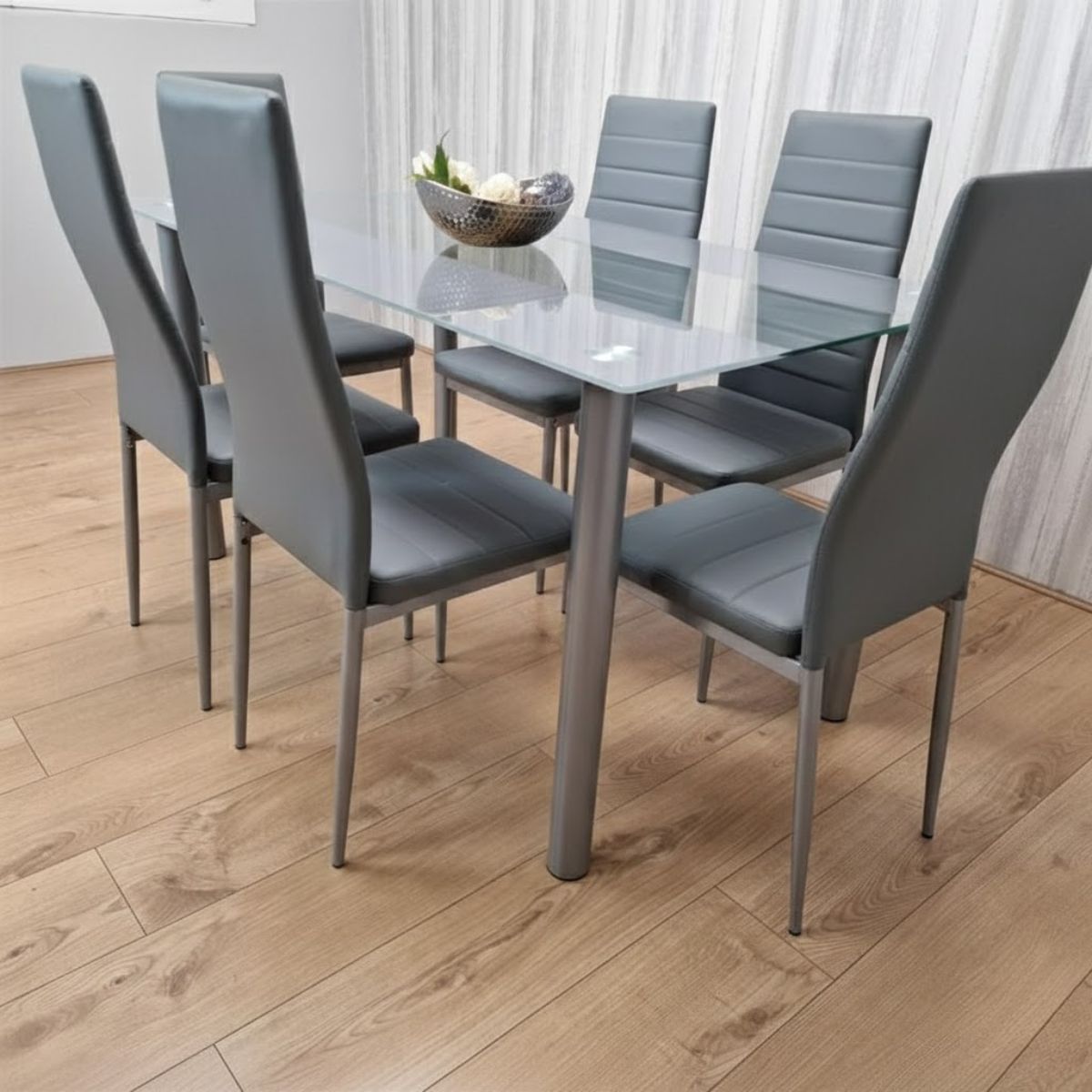 KOSY KOALA Grey Glass Dining Table Set with 6 Chairs Dining Furniture
