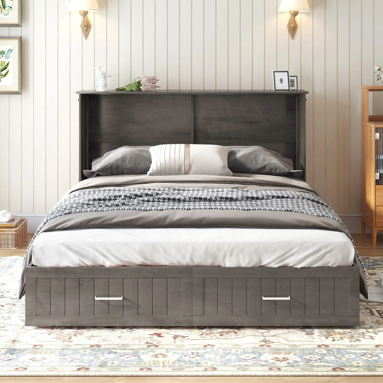 Mixoy Cabinet Murphy Bed Chest with Charging Station,Mattress,Drawer