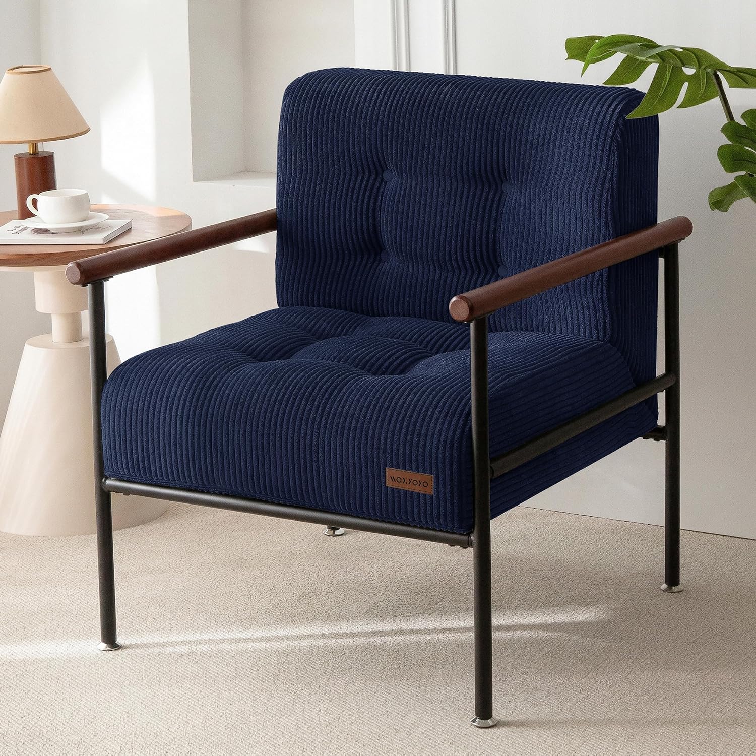 MAXYOYO Living Room Accent Chair, Modern Chair with Sturdy Metal Frame & Wood Armrests, Upholstered Reading Chair with Upholstered Cushion for Bedroom Balcony Porch, Navy
