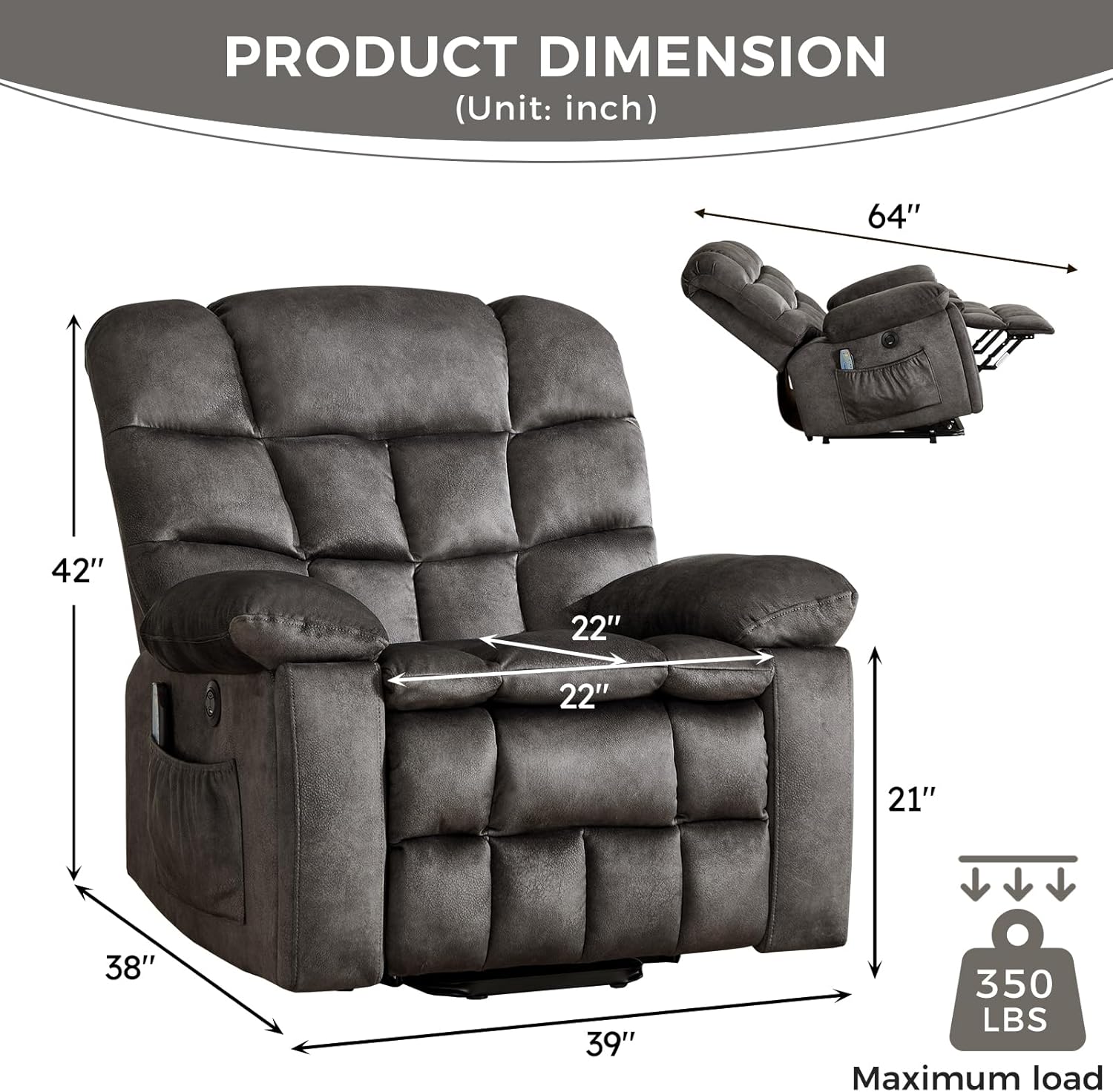 Power Lift Recliner Chair for Elderly with Vibration Massage and Lumbar Heating, Overstuffed Electric Lift Chair with 2 Side Pockets and Cup Holders, USB & Type-C for Living Room, Textile Black