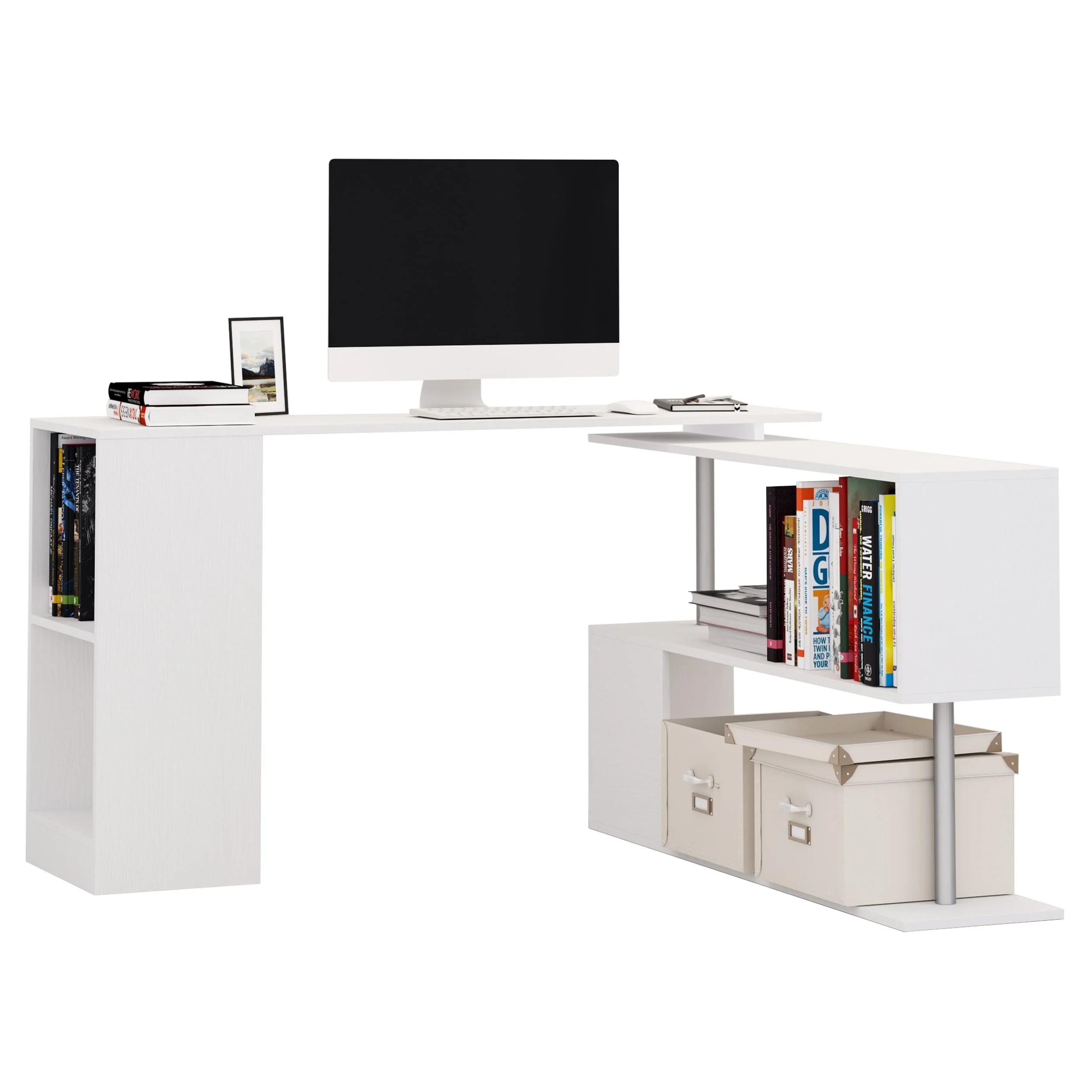HOMCOM 55 Rotating Corner Computer Desk: L-Shaped Workstation, Storage Shelves