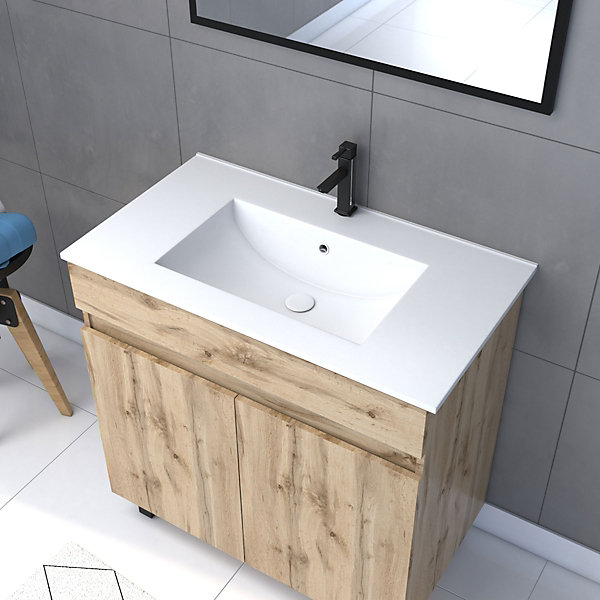 Ensemble sous vasque à poser effet chêne industriel 2 portes   vasque blanche   1 miroir, l.80 cm, Galedo Timber