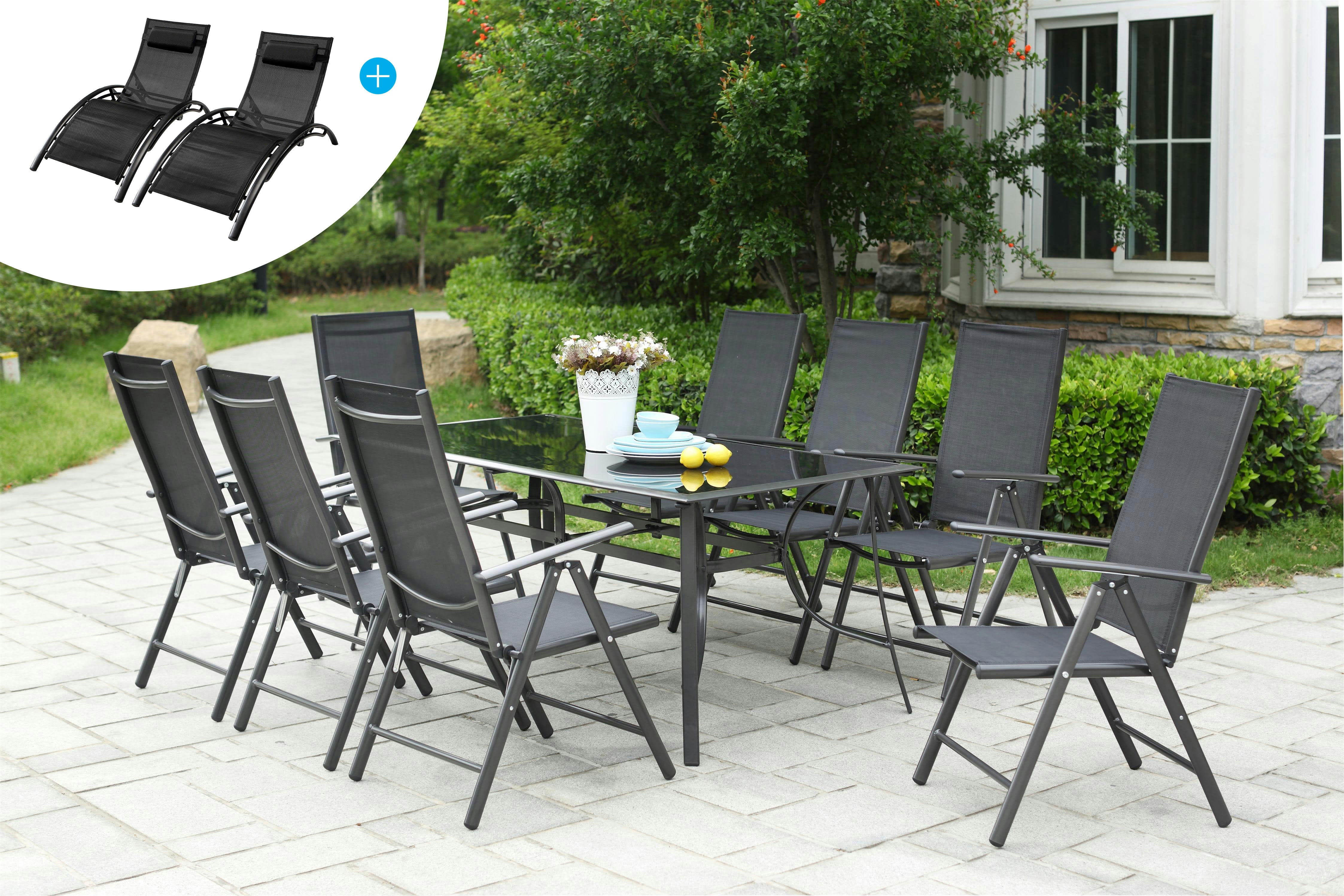 RIMINI - Salon de Jardin Aluminium 8 fauteuils et duo transats Noir