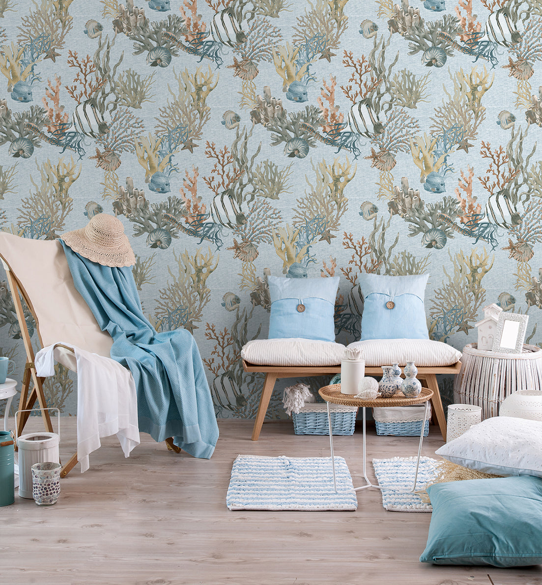 Sanders & Sanders behang onderwaterwereld blauw en vergrijsd groen - 53 cm x 10 m - 640011