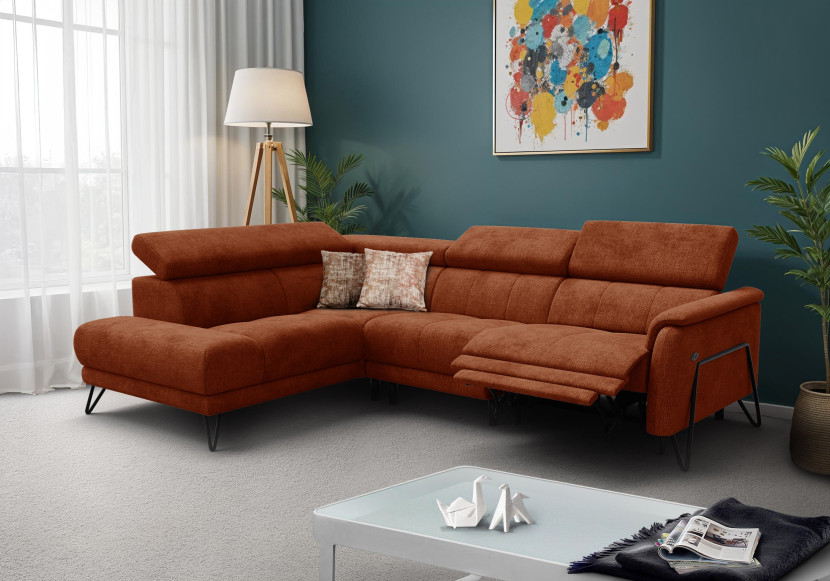 Sofa narożna 5 osobowa lewa RODEN, 1 x Relax Zero Gravity, pomarańczowa