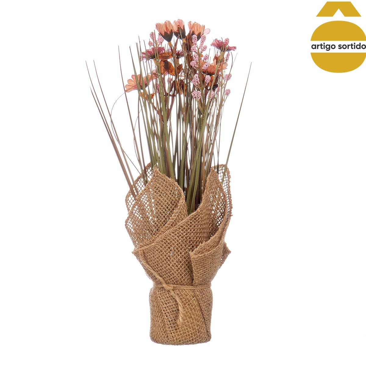 Vaso saco em ráfia com flores artificiais