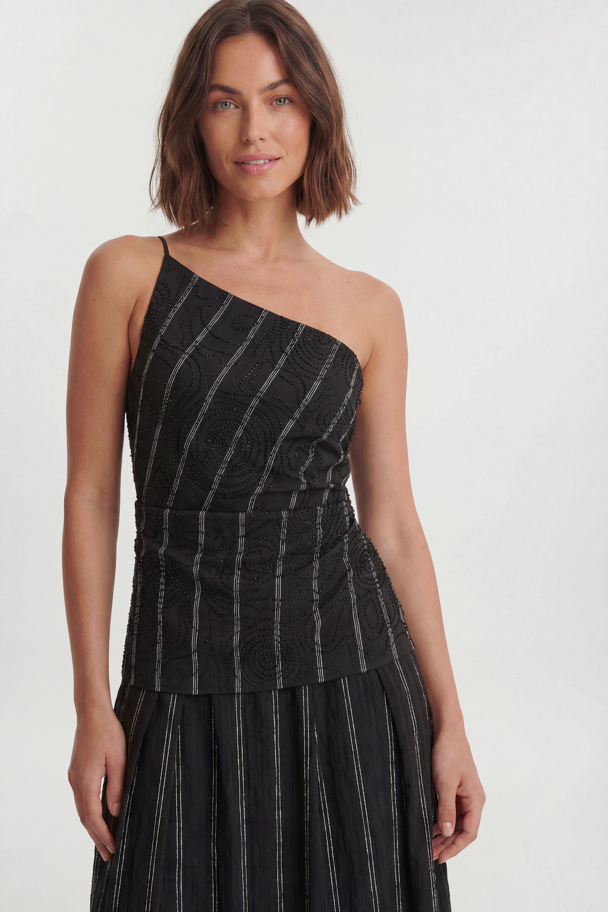 KarenMillen Beaded Pinstripe Asymmetric Neck Tailored Top