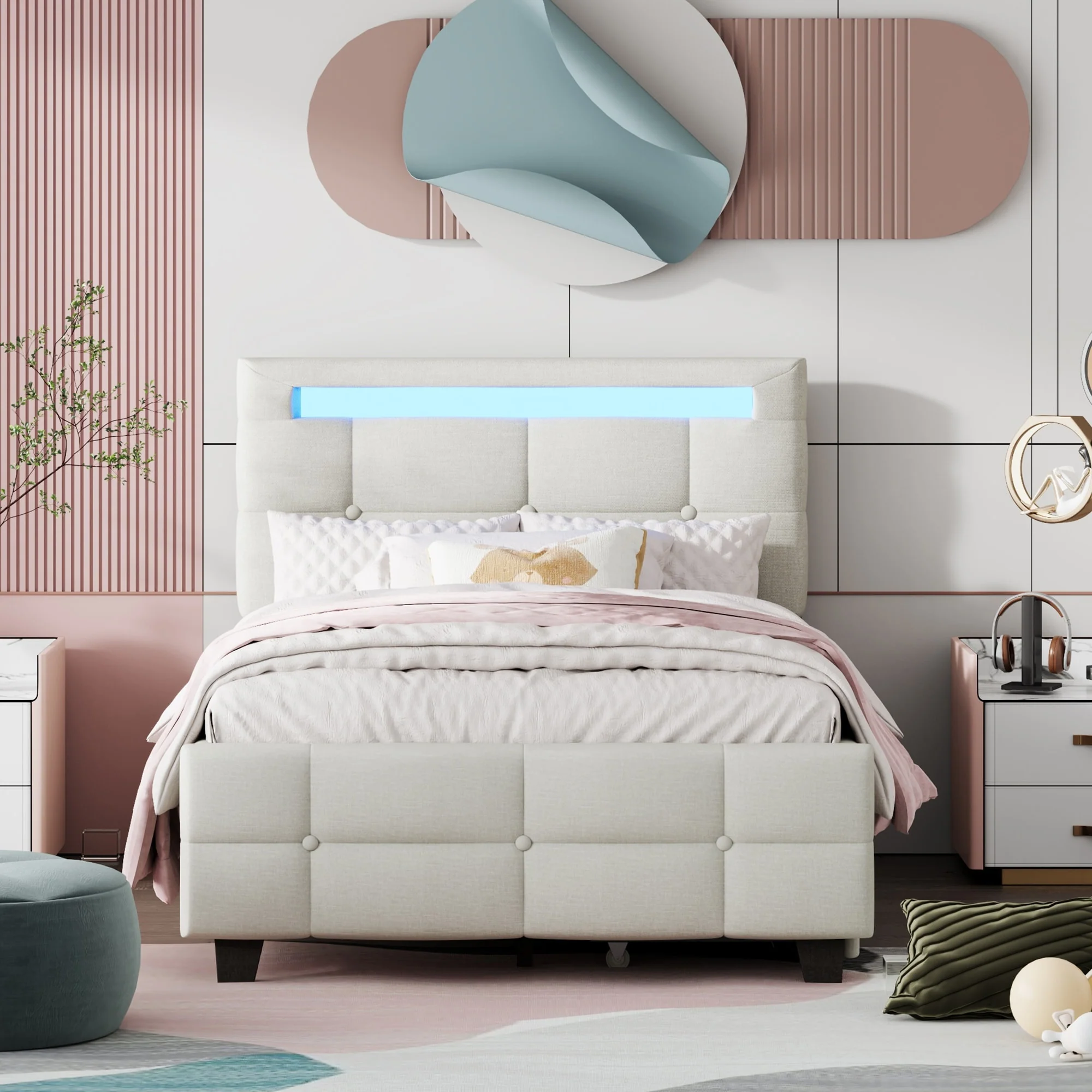 Twin Size Upholstered Platform Bed with LED Frame and Storage Drawers , Contemporary Style and Practical Design