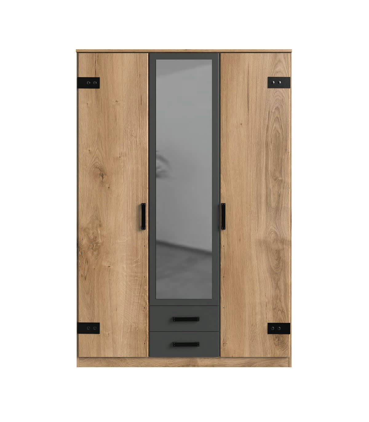 - Armoire 2 portes décor chêne 1 porte miroir et 2 tiroirs - H198 cm